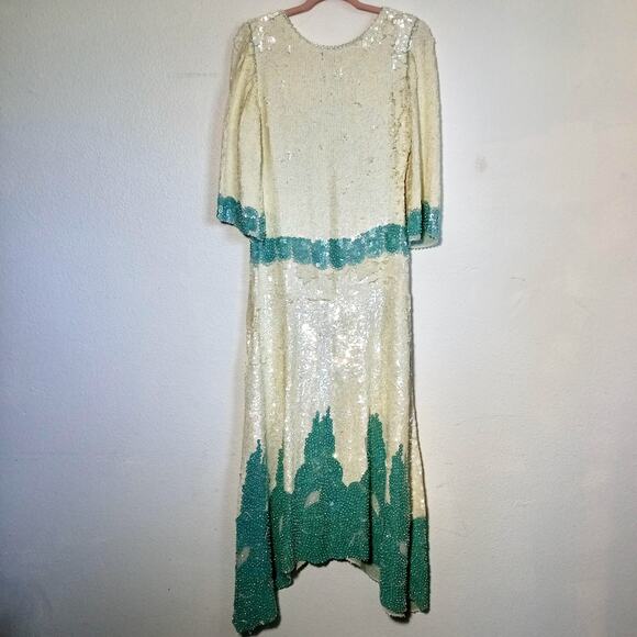 Vintage Art Deco Sequin Beaded Gown Cream Green M Ballroom Pageant Competition - Picture 10 of 15
